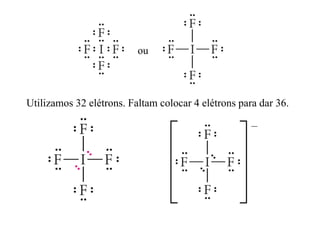 ou
Utilizamos 32 elétrons. Faltam colocar 4 elétrons para dar 36.
 