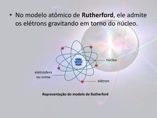 • No modelo atômico de Rutherford, ele admite 
os elétrons gravitando em torno do núcleo. 
núcleo 
elétron 
eletrosfera 
ou coroa 
Representação do modelo de Rutherford 
 