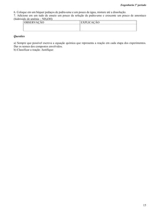 Engenharia 1° período
15
6. Coloque em um béquer pedaços de pedra-ume e um pouco de água, misture até a dissolução.
7. Adicione em um tudo de ensaio um pouco da solução de pedra-ume e crescente um pouco de amoníaco
(hidróxido de amônia – NH4OH)
OBSERVAÇÃO EXPLICAÇÃO
Questões
a) Sempre que possível escreva a equação química que representa a reação em cada etapa dos experimentos.
Dar os nomes dos compostos envolvidos.
b) Classificar a reação. Justifique:
 