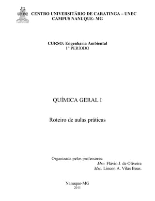 CENTRO UNIVERSITÁRIO DE CARATINGA – UNEC
CAMPUS NANUQUE- MG
CURSO: Engenharia Ambiental
1° PERÍODO
QUÍMICA GERAL I
Roteiro de aulas práticas
Organizada pelos professores:
Msc. Flávio J. de Oliveira
Msc. Lincon A. Vilas Boas.
Nanuque-MG
2011
 