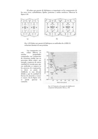 El enlace por puente de hidrógeno es importante en los componentes de
los seres vivos; carbohidratos, lípidos, proteínas y ácidos nucleicos. Observar la
figura 4.10.
(a) (b)
Los compuestos con
este enlace difieren en
muchas propiedades
comparados con compuestos
de estructura similar que no
presentan dicho enlace, por
ejemplo, requieren de mayor
cantidad de energía para que
sus moléculas se separen en
los procesos de evaporación,
es decir, su punto de
ebullición es mas elevado
debido a que la cantidad de
fuerzas de atracción a vencer
es mayor. En la figura 4.11,
se puede apreciar la
variación.
Fig. 4.10 Enlace por puente de hidrógeno en moléculas de a) H2O, b)
estructura laminar de una proteína.
Fig. 4.11 Variación en los puntos de ebullición de
compuestos hidrogenados. Burns, p. 384
 