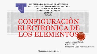 CONFIGURACIÒN
ELECTRONICA DE
LOS ELEMENTOS
REPÚBLICA BOLIVARIANA DE VENEZUELA
INSTITUTO UNIVERSITARIO DE TECNOLOGÍA
"ANTONIO JOSÉ DE SUCRE"
AMPLIACIÓN GUARENAS
QUÌMICA I
S.A.I.A.
Autor: Miguel Parada
C.I: 21,232,392
Profesora: Lcda. Ranielina Rondón
Guarenas, mayo 2016
 