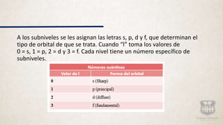 A los subniveles se les asignan las letras s, p, d y f, que determinan el
tipo de orbital de que se trata. Cuando “l” toma los valores de
0 = s, 1 = p, 2 = d y 3 = f. Cada nivel tiene un número específico de
subniveles.
 