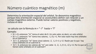Número cuántico magnético (m)
Determina la orientación espacial del orbital. Se denomina magnético
porque ésta orientación espacial se acostumbra definir con relación a un
campo magnético externo. Puede tomar valores positivos y negativos,
incluso el cero
se calcula con la fórmula m = “- l” hasta + “l”
Ejemplo:
• Si l = 0, entonces “m” toma el valor de 0. Un solo valor, es decir, un solo orbital.
• Si l = 1, entonces “m” toma tres valores, -1, 0 y +1. Por esta razón hay tres orbitales
en el subnivel p.
• Si l = 2, entonces “m” tiene cinco valores -2, -1, 0 +1 y +2. Razón por lo que hay
cinco orbitales en el subnivel d.
• Si l = 3, entonces los valores de “m” son siete -3, -2, -1, 0 +1, +2 y +3. Por lo que se
tienen siete orbitales en el subnivel f
 
