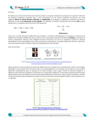 269
Isomería.
El Carbono al unirse a otros átomos de Carbono produce una gran variedad de compuestos. A partir de 4 átomos
de Carbono podemos encontrar dos o más compuestos con la misma cantidad de átomos, en otras
palabras, tienen la misma fórmula molecular o condensada, sin embargo, la distribución atómica de éstos es
diferente, es decir, sus estructuras no son iguales. Por ejemplo: la fórmula condensada del butano C4H10 puede
representar a cualquiera de las dos estructuras siguientes:
Como ves, en estas fórmulas hay 4 átomos de Carbono y 10 átomos de Hidrógeno sin embargo, su estructura es
diferente al cambiar la distribución de sus átomos. Estos compuestos reciben el nombre de isómeros, que tienen la
misma composición atómica pero diferente fórmula estructural, por esto es necesario conocer la fórmula
desarrollada o semi desarrollada, para saber qué tipo de compuesto es y poderlo diferenciar del otro, además la
estructura podrá ayudar a explicar mejor las propiedades de cada isómero.
Tipos de isomería.
Fuente: https://www.cecyt7.ipn.mx/assets/files/cecyt7/docs/estudiantes/apoyo-estudiantil/material-de-
apoyo/guias/basicas/quimica/tm/Diaporama%20Estructura.pdf
¿Qué observas en esta imagen? Encuentra las diferencias en la imagen Como podrás darte cuenta, en la imagen
del reflejo lo que cambia es la ubicación pero no sus propiedades y en la imagen de los gatos sí se encuentran
diferentes características pero su esencia es la misma (maúlla, corre, juega, come). En Química orgánica, a
diferencia de la Química inorgánica, los isómeros son compuestos orgánicos con el mismo número de átomos pero
diferente estructura. Esta diferencia hace que las propiedades físicas y químicas, o bien, todo el compuesto, cambie.
Los tipos de isomería que estudiaremos en este curso son los primeros tres de la siguiente tabla y que se explican con
un ejemplo.
Fuente: https://www.dgb.sep.gob.mx/servicios-
educativos/telebachillerato/LIBROS/2-semestre-2016/Quimica-II.pdf
 