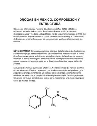 9
DROGAS EN MÉXICO, COMPOSICIÓN Y
ESTRUCTURA
De acuerdo a la Encuesta Nacional de Adicciones (ENA, 2012), editada por
el Instituto Nacional de Psiquiatría Ramón de la Fuente Muñiz, el consumo
de drogas ilegales y médicas en la población ha ido en aumento respecto a 2008. En
el marco del Día Internacional de la Lucha contra el Uso Indebido y el Tráfico Ilícito
de Drogas, es importante conocer las consecuencias que tiene el consumo de las
mismas.
METANFETAMINA Composición química: Miembro de la familia de las fenitelaminas
y también del grupo de las anfetaminas. Está fuertemente relacionada con el sulfato
de anfetamina ya que su sintetización se realiza a través de la adición de un grupo
metilo en el átomo de nitrógeno de la anfetamina. Por lo general la metanfetamina
que se consume como droga suele ser la dextrometanfetamina, ya que es la más
potente.
Estructura: Su fórmula química es C10H15N. Nombre químico: Su nombre científico
es desoxiefedrina. Efectos: La persona que usa lo consume piensa que la droga le
proporciona energía instantánea. La realidad es que la droga acelera el sistema
nervioso, haciendo que el cuerpo utilice la energía acumulada. Esta droga produce
tolerancia, por lo que a medida que se usa se va necesitando una dosis mayor para
sentir los mismos efectos.
 