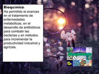 Bioquímica:
Ha permitido el avances
en el tratamiento de
enfermedades
metabólicas, en el
desarrollo de antibióticos
para combatir las
bacterias y en métodos
para incrementar la
productividad industrial y
agrícola.
 