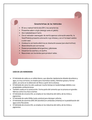 USOS DE LOS HIDROXIDOS

El hidróxido de sodio es un sólido blanco, que absorbe rápidamente dióxido decarbono y
agua, es muy corrosivo; se emplea para neutralizar ácidos, hidrolizar grasas y formar
jabón, así como en la obtención de fibras a partir de la celulosa.
El hidróxido de calcio ha sido usado por mucho tiempo en laodontología debido a sus
propiedades antibacterianas.
También usado en la construcción. Forma parte del cemento que se procesa en grandes
fábricas como Cruz Azul o Cemex.
El hidróxido de zirconio (IV), se emplea en las industrias del vidrio, de los tintes y
pigmentos.
El hidróxido de sodio OHNa (soda caústica) para destapar cañerías.
El hidróxido de aluminio (OH) 3Al (alumbre) en antiácidos (milanta) en la potabilización del
agua como floculante.
El hidróxido de zirconio (IV), se emplea en las industrias del vidrio, de los tintes y
pigmentos.

 