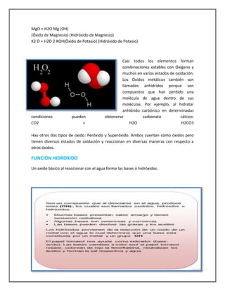 MgO + H2O Mg (OH)
(Óxido de Magnesio) (Hidróxido de Magnesio)
K2 O + H2O 2 KOH(Óxido de Potasio) (Hidróxido de Potasio)

condiciones
CO2

pueden
+

Casi todos los elementos forman
combinaciones estables con Oxigeno y
muchos en varios estados de oxidación.
Los Óxidos metálicos también son
llamados anhídridos porque son
compuestos que han perdido una
molécula de agua dentro de sus
moléculas. Por ejemplo, al hidratar
anhídrido carbónico en determinadas
obtenerse
carbonato
cálcico:
H2O
H2CO3

Hay otros dos tipos de oxido: Peróxido y Superóxido. Ambos cuentan como óxidos pero
tienen diversos estados de oxidación y reaccionan en diversas maneras con respecto a
otros óxidos.

FUNCION HIDROXIDO
Un oxido básico al reaccionar con el agua forma las bases o hidróxidos.

 