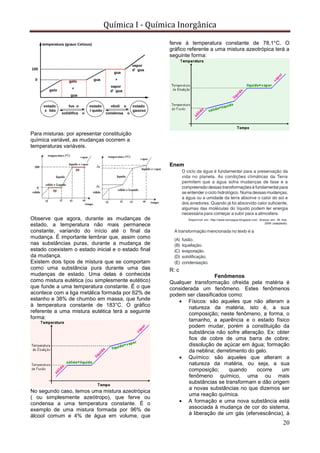 Química I - Química Inorgânica
20
Para misturas: por apresentar constituição
química variável, as mudanças ocorrem a
temperaturas variáveis.
Observe que agora, durante as mudanças de
estado, a temperatura não mais permanece
constante, variando do início até o final da
mudança. É importante lembrar que, assim como
nas substâncias puras, durante a mudança de
estado coexistem o estado inicial e o estado final
da mudança.
Existem dois tipos de mistura que se comportam
como uma substância pura durante uma das
mudanças de estado. Uma delas é conhecida
como mistura eutética (ou simplesmente eutético)
que funde a uma temperatura constante. É o que
acontece com a liga metálica formada por 62% de
estanho e 38% de chumbo em massa, que funde
à temperatura constante de 183°C. O gráfico
referente a uma mistura eutética terá a seguinte
forma:
No segundo caso, temos uma mistura azeotrópica
( ou simplesmente azeótropo), que ferve ou
condensa a uma temperatura constante. É o
exemplo de uma mistura formada por 96% de
álcool comum e 4% de água em volume, que
ferve à temperatura constante de 78,1°C. O
gráfico referente a uma mistura azeotrópica terá a
seguinte forma:
Enem
R: c
Fenômenos
Qualquer transformação ofreida pela matéria é
considerada um fenômeno. Estes fenômenos
podem ser classificados como:
 Físicos: são aqueles que não alteram a
natureza da matéria, isto é, a sua
composição; neste fenômeno, a forma, o
tamanho, a aparência e o estado físico
podem mudar, porém a constituição da
substância não sofre alteração. Ex: obter
fios de cobre de uma barra de cobre;
dissolução de açúcar em água; formação
da neblina; derretimento do gelo.
 Químico: são aqueles que alteram a
natureza da matéria, ou seja, a sua
composição; quando ocorre um
fenômeno químico, uma ou mais
substâncias se transformam e dão origem
a novas substâncias no que dizemos ser
uma reação química.
 A formação e uma nova substância está
associada à mudança de cor do sistema,
à liberação de um gás (efervescência), à
 
