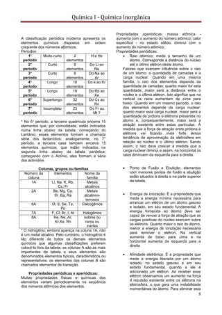 Química I - Química Inorgânica
8
A classificação periódica moderna apresenta os
elementos químicos dispostos em ordem
crescente dos números atômicos.
Períodos:
1°
período
Muito curto 2
elementos
H e He
2°
período
Curto 8
elementos
Do Li ao
Ne
3°
período
Curto 8
elementos
Do Na ao
Ar
4°
período
Longo 18
elementos
Do k ao Kr
5°
período
Longo 18
elementos
Do Rb ao
Xe
6°
período
Superlongo 32
elementos
Do Cs ao
Rn
7°
período
Incompleto 23
elementos
Do Fr ao
Mt ?
* No 6° período, a terceira quadrícula encerra 15
elementos que, por comodidade, estão indicados
numa linha abaixo da tabela; começando do
Lantânio, esses elementos formam a chamada
série dos lantanídios; analogamente, no 7°
período, a terceira casa também encerra 15
elementos químicos, que estão indicados na
segunda linha abaixo da tabela periódica;
começando com o Actínio, eles formam a série
dos actinídios.
Colunas, grupos ou famílias
Número da
coluna
Elementos Nome da
família
1A Li, Na, K, Rb,
Cs, Fr
Metais
alcalinos
2A Be, Mg, Ca,
Sr, Ba, Ra
Metais
alcalinos-
terrosos
6A O, S, Se, Te,
Po
Calcogênios
7A F, Cl, Br, I, At Halogênios
8A He, Ne, Ar,
Kr,Xe, Rn
nobres ou
raros ou
inertes
* O hidrogênio, embora apareça na coluna 1A, não
é um metal alcalino. Pelo contrário, o hidrogênio é
tão diferente de todos os demais elementos
químicos que algumas classificações preferem
colocá-lo fora da tabela; as colunas A são as mais
importantes da tabela e seus elementos são
denominados elementos típicos, característicos ou
representativos; os elementos das colunas B são
chamados elementos de transição.
Propriedades periódicas e aperiódicas:
Muitas propriedades físicas e químicas dos
elementos variam periodicamente na seqüência
dos números atômicos dos elementos.
Propriedades aperiódicas: massa atômica -
aumenta com o aumento do número atômico; calor
específico - no estado sólido, diminui com o
aumento do número atômico.
Propriedades periódicas:
 Raio atômico: mede o tamanho de um
átomo. Corresponde à distância do núcleo
até o último elétron deste átomo.
Fatores que exercem influência sobre o raio
de um átomo: a quantidade de camadas e a
carga nuclear. Quando em uma mesma
família, o raio dos elementos depende da
quantidade de camadas: quanto maior for esta
quantidade, maior será a distância entre o
núcleo e o último elétron. Isto significa que na
vertical os raios aumentam de cima para
baixo. Quando em um mesmo período, o raio
dos elementos depende da carga nuclear:
quanto maior esta carga nuclear, maior será a
quantidade de prótons e elétrons presentes no
átomo e, consequentemente, maior será a
atração existente entre estas partículas. À
medida que a força de atração entre prótons e
elétrons vai ficando mais forte temos
tendência de aproximação da eletrosfera em
relação ao núcleo e o último elétron. Sendo
assim, o raio deve crescer à medida que a
carga nuclear diminui e assim, na horizontal os
raios diminuem da esquerda para a direita.
 Ponto de Fusão e Ebulição: elementos
com menores pontos de fusão e ebulição
estão situados à direita e na parte superior
da tabela.
 Energia de ionização: É a propriedade que
mede a energia mínima necessária para
arrancar um elétron de um átomo gasoso
e isolado, em seu estado fundamental. A
energia fornecida ao átomo deve ser
capaz de vencer a força de atração que as
cargas positivas do núcleo exercem sobre
os elétrons. Quanto maior o raio do átomo,
menor a energia de ionização necessária
para remover o elétron. Na vertical
aumenta de baixo para cima e na
horizontal aumenta da esquerda para a
direita.
 Afinidade eletrônica: É a propriedade que
mede a energia liberada por um átomo
isolado, no estado gasoso e em seu
estado fundamental, quando a ele é
adicionado um elétron. Ao receber esse
elétron observamos um aumento na força
d repulsão existente entre os elétrons na
eletrosfera, o que gera uma instabilidade
momentânea do átomo. Para eliminar esta
 