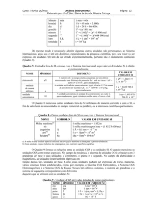 Curso: Técnico Químico Análise Instrumental Página: 12
Elaborado por: Profa
Msc. Elaine de Arruda Oliveira Coringa
Minuto
hora(a)
dia
grau(b)
minuto
segundo
litro
tonelada
min
h
d
º
‘
‘’
l, L
t
1 min = 60s
1 h = 60 min = 3.600s
1 d = 24 h = 86.400s
1º = (π/180) rad
1’ = (1/60)º = (π/ 10 800) rad
1’’ = (1/60)’ = (π/ 648 000) rad
1 L = 1 dm3
= 10-3
m3
t = 103
kg
Do mesmo modo é necessário admitir algumas outras unidades não pertencentes ao Sistema
Internacional, cujo uso é útil em domínios especializados da pesquisa científica, pois seu valor (a ser
expresso em unidades SI) tem de ser obtido experimentalmente, portanto não é exatamente conhecido
(Quadro 7).
Quadro 7- Unidades fora do SI, em uso com o Sistema Internacional, cujo valor em Unidades SI é obtido
experimentalmente.
NOME SÍMBOLO DEFINIÇÃO
VALOR EM
UNIDADES SI
eletronvolt eV
1 eletronvolt é a energia cinética adquirida por um elétron
atravessando uma diferença de potencial de 1 volt no vácuo: 1 eV =
1,602 19 x 10-19 , aproximadamente.
1 eV = 1,602 177
33 x 10-19
J
unidade
de massa
atômica u
A unidade unificada de massa atômica é igual à fração 1/12 da massa
de um átomo do nuclídio 12C. 1 u = 1,660 57 x 10-27kg,
aproximadamente.
1 u = 1,660 540 2
x 10-27
kg
unidade
astronômica
ua
A unidade astronômica é unidade de comprimento; seu valor é,
aproximadamente, igual à distância média entre a Terra e o Sol.
1 ua = 1,495 978
706 91 x 1011
O Quadro 8 menciona outras unidades fora do SI utilizadas de maneira corrente e com o SI, a
fim de satisfazer às necessidades no campo comercial ou jurídico, ou a interesses científicos particulares.
Quadro 8 - Outras unidades fora do SI em uso com o Sistema Internacional
NOME SÍMBOLO VALOR EM UNIDADE SI
Milha marítima(a)
nó
angström
are(b)
hectare(b)
Å
a
ha
1 milha marítima = 1 852m
1 milha marítima por hora = (1 852/3 600)m/s
1 Å = 0,1 nm = 10-10
m
1 a = 1dam2
= 102
m 2
1ha = 1hm2
= 104 m 2
a) A milha é uma unidade especial utilizada na navegação marítima e aérea para expressar distâncias.
b) Estas unidades e seus símbolos são empregados para exprimir superfícies agrárias.
O Quadro 9 fornece as relações entre as unidade CGS e as unidades SI. O quadro menciona as
unidades CGS com nomes especiais. No campo da mecânica, o sistema de unidades CGS se baseava em 3
grandezas de base e suas unidades: o centímetro, o grama e o segundo. No campo da eletricidade e
magnetismo, as unidades foram também expressas em
função dessas três unidades de base. Como essas unidades podiam ser expressas de várias maneiras,
vários sistemas foram estabelecidos, como, por exemplo, o Sistema CGS Eletrostático, o Sistema CGS
Eletromagnético e o Sistema CGS de Gauss. Nesses três últimos sistemas, o sistema de grandezas e o
sistema de equações correspondentes são diferentes
daqueles que se utilizam com as unidades SI.
Quadro 9 - Unidades CGS derivadas dotadas de nomes particulares
NOME SÍMBOLO VALOR EM UNIDADE SI
erg
dina
poise
Stokes
gauss
erg
dyn
P
St
G
1 erg = 10-7
J
1 dyn = 10-5
N
1 P = 1 dyn.s/cm2
= 0,1Pa.s
1 St = 1 cm2
/s = 10-4
m 2
/s
1G = 10-4
T
 