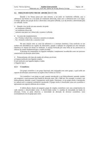 Curso: Técnico Químico Análise Instrumental Página: 28
Elaborado por: Profa
Msc. Elaine de Arruda Oliveira Coringa
4.2. ORIGEM DO ESPECTRO DE ABSORÇÃO UV-VIS:
Quando a luz branca passa por uma amostra, a luz pode ser totalmente refletida, caso a
substancia seja branca ou a luz pode ser totalmente absorvida, neste caso a substancia tem a cor negra.
Contudo, apenas uma porção da luz é absorvida e uma parte refletida, a cor da amostra e determinada pela
cor refletida. Assim:
Quando a luz incide em uma amostra, ela pode:
_ ser totalmente refletida
_ ser totalmente absorvida
_ somente uma parte ser é absorvida e restante é refletida
As cores são complementares.
_ Se o Violeta é absorvido, a amostra é amarelo-esverdeado.
_ Se o Amarelo é absorvido, a amostra é azul.
Há uma relação entre as cores da substancia e a estrutura eletrônica. Uma molécula ou íon
exibirá uma absorbância nas regiões do ultravioleta, quando a radiação for originária de uma transição
eletrônica no interior do átomo ou molécula. A energia fornecida por uma fonte de luz promoverá os
elétrons do estado fundamental para o estado excitado.
A presença de insaturações ou ligações múltiplas é amplamente reconhecida como um processo
característico da absorção ultravioleta.
Potencialmente, três tipos de estados de orbitais envolvem:
a) (sigma) molécula com ligações simples
b) (pi) molécula com ligações duplas e triplas
c) ligações tipo n
4.2.1- Cromóforos:
Um grupo cromóforo é um grupo funcional, não conjugado com outro grupo, o qual exibe um
espectro de absorção característico na região Ultra-Violeta ou Visível.
Um cromóforo é um grupo no qual, quando introduzido a um hidrocarboneto saturado, produz
um composto o qual possuem uma banda de absorção entre 180 e 1000 nm. Por exemplo, n-octano é um
hidrocarboneto saturado o qual é transparente nesta região. Entretanto, se um grupo nitrila é introduzido
no radical octil o composto octilnitrila é produzido. O grupo nitrila é classificado como um cromóforo e
apresentara um espectro diferente do n-octano.
A tabela abaixo ilustra um pequeno grupo de simples cromóforos com seus comprimentos de
onda máximo e absortividade molar. A absortividade molar é a medida da intensidade da banda de
absorção. Como se pode observar, a intensidade de absorção de diversos cromóforos varia
acentuadamente de um grupo para outro.
 