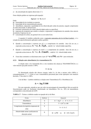 Curso: Técnico Químico Análise Instrumental Página: 30
Elaborado por: Profa
Msc. Elaine de Arruda Oliveira Coringa
c) da concentração da espécie absorvente ( C )
Estas relações podem ser expressas pela equação:
log Io/It = A = K . b . C (1)
Onde:
I0 = intensidade da luz incidente na amostra
It = intensidade da luz transmitida pela amostra
A = absorbância, representa a quantidade de luz absorvida pelo soluto da amostra, naquele comprimento
de onda selecionado. É adimensional.
k = constante característica do soluto (absortividade molar ou específica).
b = espessura do recipiente que contém a solução, e representa o comprimento do caminho ótico através
da amostra. Expressa em cm.
C = concentração do soluto, em gramas/Litro ou em moles/Litro.
A equação (1) também conhecida como a expressão matemática da Lei de Beer-Lambert e é o
coração da espectrofotometria aplicada à análise química .
4 Quando a concentração é expressa em g/L e o comprimento do caminho ótico (b) em cm, a
expressão acima torna-se: A = a . b . Cg/L, onde k = a = absortividade específica.
4 Quando a concentração é expressa em mol/L e o comprimento do caminho ótico (b) em cm, a
expressão acima torna-se: A = ε . b . Cmol/L , onde k = ε = absortividade molar.
4 Essas duas constantes se relacionam entre si por: ε = a x PM, onde PM = peso molecular.
4.3.2- Relação entre absorbância (A) e transmitância (T):
A relação entre a luz transmitida (It) e a luz incidente (Io) chama-se TRANSMITÂNCIA e o
valor máximo que pode assumir é 100%:
T = It / Io
Se determinada solução não absorve energia, então It e Io têm o mesmo valor (100%) e,
conseqüentemente, T = 1. Como se usa a transmitância percentual para evitar operações com números
decimais, T fica entre 0 e 100%.
A lei de Beer – Lambert estabelece a relação entre Transmitância (T) e Absorbância (A):
A = - log T/100
Por esta expressão, entende-se que um valor em porcentagem de transmitância lido na escala do
fotocolorímetro pode ser facilmente transformado em absorbância. Por ex., 20% de transmitância
correspondem a uma absorção de 0,699.
TABELA 7 – Termos e símbolos usados na equação da Lei de Beer.
Termo Símbolo Equação
Absorbância A A = - log T e A = k . b . C
Transmitância T T = (10-A
) x 100
Comprimento da trajetória (espessura da
cela)
b
b = A / k .C
Absortividade molar (coeficiente de
absorção molar)
ε ε = a.PM ou ε = A/b. Cmol/L
 