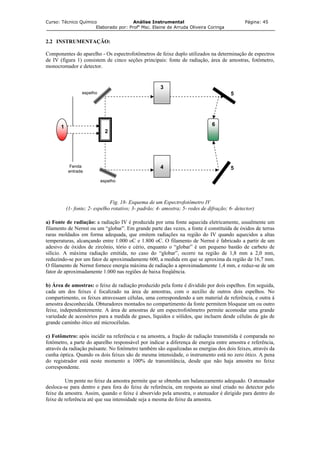 Curso: Técnico Químico Análise Instrumental Página: 45
Elaborado por: Profa
Msc. Elaine de Arruda Oliveira Coringa
2.2 INSTRUMENTAÇÃO:
Componentes do aparelho - Os espectrofotômetros de feixe duplo utilizados na determinação de espectros
de IV (figura 1) consistem de cinco seções principais: fonte de radiação, área de amostras, fotômetro,
monocromador e detector.
espelho
espelho
5
5
1
Fenda
entrada
2
3
6
4
Fig. 18- Esquema de um Espectrofotômetro IV
(1- fonte; 2- espelho rotativo; 3- padrão; 4- amostra; 5- redes de difração; 6- detector)
a) Fonte de radiação: a radiação IV é produzida por uma fonte aquecida eletricamente, usualmente um
filamento de Nernst ou um “globar”. Em grande parte das vezes, a fonte é constituída de óxidos de terras
raras moldados em forma adequada, que emitem radiações na região do IV quando aquecidos a altas
temperaturas, alcançando entre 1.000 oC e 1.800 oC. O filamento de Nernst é fabricado a partir de um
adesivo de óxidos de zircônio, tório e cério, enquanto o “globar” é um pequeno bastão de carbeto de
silício. A máxima radiação emitida, no caso do “globar”, ocorre na região de 1,8 mm a 2,0 mm,
reduzindo-se por um fator de aproximadamente 600, a medida em que se aproxima da região de 16,7 mm.
O filamento de Nernst fornece energia máxima de radiação a aproximadamente 1,4 mm, e reduz-se de um
fator de aproximadamente 1.000 nas regiões de baixa freqüência.
b) Área de amostras: o feixe de radiação produzido pela fonte é dividido por dois espelhos. Em seguida,
cada um dos feixes é focalizado na área de amostras, com o auxílio de outros dois espelhos. No
compartimento, os feixes atravessam células, uma correspondendo a um material de referência, e outra à
amostra desconhecida. Obturadores montados no compartimento da fonte permitem bloquear um ou outro
feixe, independentemente. A área de amostras de um espectrofotômetro permite acomodar uma grande
variedade de acessórios para a medida de gases, líquidos e sólidos, que incluem desde células de gás de
grande caminho ótico até microcélulas.
c) Fotômetro: após incidir na referência e na amostra, a fração de radiação transmitida é comparada no
fotômetro, a parte do aparelho responsável por indicar a diferença de energia entre amostra e referência,
através da radiação pulsante. No fotômetro também são equalizadas as energias dos dois feixes, através da
cunha óptica. Quando os dois feixes são de mesma intensidade, o instrumento está no zero ótico. A pena
do registrador está neste momento a 100% de transmitância, desde que não haja amostra no feixe
correspondente.
Um pente no feixe da amostra permite que se obtenha um balanceamento adequado. O atenuador
desloca-se para dentro e para fora do feixe de referência, em resposta ao sinal criado no detector pelo
feixe da amostra. Assim, quando o feixe é absorvido pela amostra, o atenuador é dirigido para dentro do
feixe de referência até que sua intensidade seja a mesma do feixe da amostra.
 