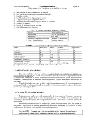 Curso: Técnico Químico Análise Instrumental Página: 8
Elaborado por: Profa
Msc. Elaine de Arruda Oliveira Coringa
c) Interferências de outros componentes do material.
d) Intervalo de concentração que precisa ser investigado.
e) Exatidão exigida.
f) Facilidades disponíveis (tipo de equipamento)
g) Tempo necessário para completar a análise
h) Número de análises de mesmo tipo que devem ser efetuadas.
i) Natureza da amostra
j) Espécie de informação que se procura
k) Quantidade da amostra disponível
TABELA 4 – Critérios para seleção dos métodos analíticos
Precisão Limite de detecção
Sensibilidade Faixa de concentração
Seletividade Velocidade
Habilidade requerida do operador Facilidade e conveniência
Custo e disponibilidade Custo por amostra
TABELA 5 – Comparativo entre as técnicas instrumentais de análise.
Método Velocidade Custo Domínio de
concentração (pC)
Exatidão
Gravimetria L B 1-2 E
Titrimetria M B 1-4 E
Potenciometria M-R S-M 1-7 M
Espectrofotometria M-R S-M 3-6 M
Absorção atômica R M-E 3-9 M
Espectrometria de emissão R E 5-9 M
Cromatografia (CLG;CLAE) R M-E 3-9 M
Fluorescência de raios X R E 0.1 – 0.000001 g E
pC = log (1/C mol/L);R = rápida;E = elevado;B = baixo;M = moderado;L = lento
1.5 OBTENÇÃO DOS RESULTADOS:
Uma vez escolhida a técnica analítica, a análise deverá ser realizada em duplicata ou,
preferivelmente, em triplicata. No caso de técnicas analíticas clássicas, os resultados experimentais devem
ser anotados em um registro de análise. Para métodos de análise instrumentais, muitos instrumentos são
acoplados a computadores e os resultados analíticos podem ser expostos num monitor e registrados na
impressora.
Um cálculo simples converterá os dados experimentais na percentagem do componente presente
na amostra. Quando se utilizam computadores acoplados ao instrumento, o registro impresso dará o valor
procurado em percentagem, direto.
1.6 CALIBRAÇÃO DE INSTRUMENTOS:
Instrumentos são usados para medir concentrações de várias maneiras. Às vezes, o instrumento
serve para localizar o ponto final de uma titulação; neste caso, os cálculos para determinação da
concentração são idênticos àqueles efetuados para titulações onde o ponto final é localizado por meio de
um indicador.
Instrumentos também podem ser usados para medir algum parâmetro físico que possa ser
relacionado à concentração da amostra. A medida pode ser alguma propriedade elétrica, óptica ou outra,
freqüentemente diretamente proporcional à concentração da amostra.
CALIBRAÇÃO = Processo que relaciona o sinal analítico medido (leitura) com a
concentração conhecida da substancia em uma solução padrão de referencia.
 
