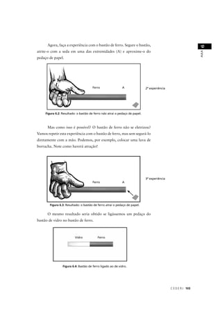Agora, faça a experiência com o bastão de ferro. Segure o bastão,




                                                                                                                6
atrite-o com a seda em uma das extremidades (A) e aproxime-o do




                                                                                                                AULA
pedaço de papel.




                                                                             2ª experiência




     Figura 6.2: Resultado: o bastão de ferro não atrai o pedaço de papel.



      Mas como isso é possível? O bastão de ferro não se eletrizou?
Vamos repetir esta experiência com o bastão de ferro, mas sem segurá-lo
diretamente com a mão. Podemos, por exemplo, colocar uma luva de
borracha. Note como haverá atração!




                                                                             3ª experiência




        Figura 6.3: Resultado: o bastão de ferro atrai o pedaço de papel.
                                                     i


      O mesmo resultado seria obtido se ligássemos um pedaço do
bastão de vidro no bastão de ferro.




                 Figura 6.4: Bastão de ferro ligado ao de vidro.




                                                                                              C E D E R J 103
 
