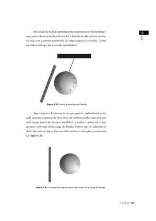 Até aí tudo bem, tudo perfeitamente compreensível. O problema é




                                                                                                 6
que, apesar deste efeito de polarização, a bola de metal continua neutra,




                                                                                                 AULA
ou seja, com a mesma quantidade de cargas negativa e positiva. Como
entender então que ela é atraída pelo bastão?




      Veja o seguinte. Cada uma das cargas positivas do bastão irá atrair
cada uma das negativas da bola, mas vai também repelir cada uma das
suas cargas positivas. Só para simpliﬁcar a análise, vamos ver o que
acontece com uma única carga do bastão. Depois será só adicionar o
efeito das outras cargas. Vamos então analisar a situação representada
na Figura 6.11.




        Figura: 6.11: Exemplo do que acontece com uma única carga do bastão.




                                                                               C E D E R J 109
 
