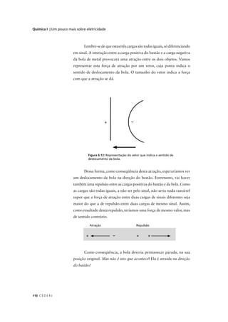 Química I | Um pouco mais sobre eletricidade



                               Lembre-se de que estas três cargas são todas iguais, só diferenciando
                        em sinal. A interação entre a carga positiva do bastão e a carga negativa
                        da bola de metal provocará uma atração entre os dois objetos. Vamos
                        representar esta força de atração por um vetor, cuja ponta indica o
                        sentido de deslocamento da bola. O tamanho do vetor indica a força
                        com que a atração se dá.




                                 Figura 6.12: Representação do vetor que indica o sentido de
                                 deslocamento da bola.



                               Dessa forma, como conseqüência desta atração, esperaríamos ver
                        um deslocamento da bola na direção do bastão. Entretanto, vai haver
                        também uma repulsão entre as cargas positivas do bastão e da bola. Como
                        as cargas são todas iguais, a não ser pelo sinal, não seria nada razoável
                        supor que a força de atração entre duas cargas de sinais diferentes seja
                        maior do que a de repulsão entre duas cargas de mesmo sinal. Assim,
                        como resultado desta repulsão, teríamos uma força de mesmo valor, mas
                        de sentido contrário.

                                    Atração                       Repulsão


                                +                 –               +       +



                               Como conseqüência, a bola deveria permanecer parada, na sua
                        posição original. Mas não é isto que acontece! Ela é atraída na direção
                        do bastão!




110 C E D E R J
 