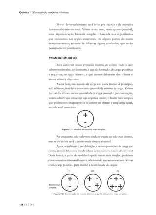 Química I | Construindo modelos atômicos



                              Nosso desenvolvimento será feito por etapas e de maneira
                       bastante não-convencional. Vamos tentar usar, tanto quanto possível,
                       uma argumentação bastante simples e baseada nas experiências
                       que realizamos nas seções anteriores. Em alguns pontos do nosso
                       desenvolvimento, teremos de adiantar alguns resultados, que serão
                       posteriormente justificados.


                       PRIMEIRO MODELO

                              Para construir nosso primeiro modelo de átomo, tudo o que
                       sabemos sobre eles, no momento, é que são formados de cargas positivas
                       e negativas, em igual número, e que átomos diferentes têm volume e
                       massa atômica diferentes.
                              Muito bem, mas quanto de carga tem cada átomo? A princípio,
                       não sabemos, mas deve existir uma quantidade mínima de carga. Vamos
                       batizar de elétron a menor quantidade de carga possível e, por convenção,
                       vamos admitir que esta carga seja negativa. Assim, o átomo mais simples
                       que poderíamos imaginar teria de conter um elétron e uma carga igual,
                       mas de sinal contrário:




                                    Figura 7.1: Modelo de átomo mais simples.


                             Por enquanto, não sabemos ainda se existe ou não esse átomo,
                       mas se ele existir será o átomo mais simples possível.
                             Agora, se o elétron é, por definição, a menor quantidade de carga que
                       existe, átomos diferentes têm de diferir de um número inteiro de elétrons!
                       Desta forma, a partir do modelo daquele átomo mais simples, podemos
                       construir outros átomos diferentes, adicionando sucessivamente um elétron
                       e uma carga positiva, para manter a neutralidade de cargas:

                                         (1)                   (2)                    (3)




                       Átomo mais
                       simples

                           Figura 7.2: Construção de novos átomos a partir do átomo mais simples.



124 C E D E R J
 