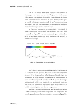 Química I | O modelo atômico de Bohr



                              Mas, se a luz emitida pelos corpos aquecidos é uma combinação
                       de cores, por que só vemos uma das cores? Porque os corpos não emitem
                       todas as cores com a mesma intensidade. Por conta disso, acabamos
                       vendo somente a cor mais intensa que ele emite. Porém, já vimos que a
                       luz emitida pelos corpos aquecidos muda de “cor” com a temperatura.
                       Isso significa que, para cada temperatura, o corpo aquecido emite mais
                       intensamente radiação de uma determinada cor.
                              Se tivéssemos um detector capaz de medir a intensidade de
                       radiação emitida em função da sua cor, obteríamos uma curva como
                       a mostrada na Figura 9.4. Mas não se esqueça de que o máximo desta
                       curva, ou seja, a cor emitida com maior intensidade, vai depender da
                       temperatura do corpo.


                           violeta     azul     verde amarelo laranja   vermelho



                         Intensidade




                                                                                Comprimento de onda
                            4.000             5.000      6.000          7.000



                                  Figura 9.4: Intensidade da luz em função da cor.




                              Outra maneira, ainda mais simples, de se observar a decomposição
                       da luz é com um CD qualquer, desses que usamos em computador.
                       Aponte o CD na direção da fonte de luz (lâmpada, chama do fogão etc.)
                       inclinando-o de várias maneiras, até você observar o aparecimento de
                       várias cores. Esse conjunto de cores é chamado de espectro da fonte que
                       está iluminando o CD. Neste caso, o CD está funcionando como uma
                       rede de difração, que é um dos dispositivos capazes de separar a radiação
                       emitida por um corpo nas suas diversas componentes.
                              O prisma é um outro dispositivo que pode ser usado para separar
                       a radiação emitida, por uma fonte qualquer, nas suas componentes. Por
                       exemplo, para a luz solar obteríamos o espectro mostrado na Figura 9.5.




168 C E D E R J
 