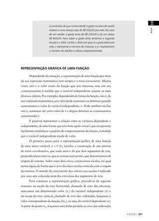 10
                       à conclusão de que numa cidade o gasto na área de saúde




                                                                                                      AULA
                       relativo a uma criança seja de R$ 500,00 por mês. No caso
                       de um adulto, o gasto seria de R$ 200,00 e de um idoso,
                       R$ 800,00. Para saber o gasto total, teríamos a seguinte
                       função t = 500c +200a + 800i, em que t é o gasto total num
                       mês, c representa o número de crianças, a e i representam
                       o número de adultos e idosos respectivamente.




REPRESENTAÇÃO GRÁFICA DE UMA FUNÇÃO

      Dependendo da situação, a representação de uma função por meio
da sua expressão matemática nem sempre é a mais conveniente. Muitas
vezes, não é o valor exato da função que nos interessa, mas sim seu
comportamento à medida que a variável independente assume os mais
diversos valores. Por exemplo, dependendo da forma da função, isto é, da
sua expressão matemática, seu valor pode aumentar ou diminuir quando
aumentamos o valor da variável independente, x. Pode também oscilar,
isto é, aumentar até certo valor de x e depois diminuir se continuarmos
aumentando x.
      É possível representar a relação entre as variáveis dependente e
independente, de uma forma que tem forte apelo visual e que nos permite
facilmente estabelecer o padrão de comportamento da função, à medida
que a variável independente muda de valor.
      O primeiro passo para a representação gráﬁca de uma função
de uma única variável, y = f (x), envolve a construção de um sistema
de eixos coordenados, que nada mais é do que dois segmentos de reta,
perpendiculares entre si, que se cortam num ponto, que denominamos de
origem do sistema. Sobre esses dois eixos, construímos escalas, tal qual
numa régua, de forma que o zero das duas escalas coincida com a origem
do sistema. O sentido de crescimento dos valores nas escalas é indicado
por uma seta colocada num dos extremos dos segmentos de reta.
      Para construir a representação gráﬁca, procede-se da seguinte
maneira: na escala do eixo horizontal, chamado de eixo das abscissas,
marcamos um determinado valor (x1) da variável independente (x) e
na escala do eixo vertical, chamado de eixo das ordenadas, lançamos o
valor correspondente da função, f(x1), ou seja, da variável dependente (y).
A partir do ponto x1, traçamos uma linha paralela ao eixo das ordenadas

                                                                                    C E D E R J 201
 