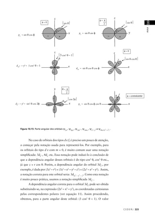 z                                                                                z
                                                                                                         φ=   x




                                                                                                                                                             10
                               φ=0                       ⏐sin θ⏐                                              2                            ⏐sin θ⏐




                                                                                                                                                             AULA
                                                 θ                                                                                θ
                                                                 x            py ∼ sin θ sin     φ                                             y
  px ∼ sin θ cos   φ                 –                                                                            –
                                                     +                                                                                +



                                                                                                                                          φ=0
                                             z                                                                                z
                                                     ⏐3 cos2 θ − 1⏐
                                                     θ                                                                                    ⏐sin θ cos θ⏐
                                         +                                                                            –       θ +
d3x2 − y2 ∼ 3 cos2 θ − 1                                         x
                                         –       –                          d2x ∼ sin θ cos θ cos    φ                                        x
                                         +                                                                            +               –




                                             y           θ= x
                                                             2
                                                                                                                                  θ          φ = constante
                                             –                   ⏐cos 2φ⏐                                                         +
                                                         θ                                                                –
dx2 − y2 ∼ sin2 θ cos 2φ             +                            x       py ∼ sin θ cos φ cos θ                      +               –       x
                                                     +
                                             –                                                                            +       –




    Figura 10.15: Parte angular dos orbitais ψ2x , ψ2py , ψ3dz2 , ψ3dxz , ψx2– y2 e ψ4fx(5z2 – r2) .



             No caso de orbitais dos tipos d e f, é preciso um pouco de atenção,
    a começar pela notação usada para representá-los. Por exemplo, para
    os orbitais do tipo d e com m = 0, é muito comum usar uma notação
    simpliﬁcada: 3dz , 4dz etc. Essa notação pode induzi-lo à conclusão de
                           2         3



    que a dependência angular desses orbitais é do tipo cos2 θ, cos3 θ etc.,
    já que z = r cos θ. Porém, a dependência angular do orbital 3dz , por                                 2



    exemplo, é dada por (3z2 – r2) = (3z2 – x2 – y2 – z2) = (2z2 – x2 – y2). Assim,
    a notação correta para este orbital seria: 3d2z                     2     2   2
                                                                            – x – y
                                                                                      . Como esta notação
    é muito pouco prática, usamos a notação simpliﬁcada 3dz .                                2



             A dependência angular correta para o orbital 3dz pode ser obtida            2



    substituindo-se, na expressão (2z2 – x2 – y2), as coordenadas cartesianas
    pelas correspondentes polares (ver equação 11). Assim procedendo,
    obtemos, para a parte angular deste orbital: (3 cos2 θ – 1). O valor


                                                                                                                                          C E D E R J 223
 