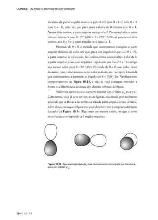 Química I | O modelo atômico de Schroedinger



                       máximo da parte angular ocorrerá para θ = 0 (cos 0 = 1) e para θ = π
                       (cos π = -1), uma vez que para esses valores de θ teremos cos2 θ = 1.
                       Nesses dois pontos, a parte angular será igual a 2. Por outro lado, o valor
                       mínimo ocorrerá para θ = 90o (π/2) e θ = 270o (3π/2), já que, nesses dois
                       pontos, cos θ = 0 e a parte angular será igual a -1.
                              Partindo de θ = 0, à medida que aumentamos o ângulo a parte
                       angular diminui de valor, até que, para um ângulo tal que cos2 θ = 1/3,
                       a parte angular se torna nula. Se continuarmos aumentado o valor de θ,
                       a parte angular passa a ser negativa (região em que 3 cos2 θ < 1) e atinge
                       seu menor valor para θ = 90o (π/2). Partindo de θ = 0, esse ciclo (valor
                       máximo, zero, valor mínimo, zero, valor máximo etc.) se repete à medida
                       que continuamos a aumentar o ângulo até θ = 360o (2π). Veriﬁque este
                       comportamento na Figura 10.15, e veja se você consegue entender a
                       forma e a alternância de sinais dos demais orbitais da ﬁgura.
                              Voltemos agora ao caso da parte angular dos orbitais ψ2p (x, y e z).
                       Certamente, você já deve ter visto essas ﬁguras, mas muito provavelmente
                       achando que se tratava dos orbitais e não da parte angular desses orbitais.
                       Além disso, creio que a ﬁgura que você deve ter visto é um pouco diferente
                       daquela da Figura 10.14. Algo mais ou menos assim, em que a parte
                       mais escura corresponderia à região negativa:




                       Figura 10.16: Representação errada, mas normalmente encontrada na literatura,
                       para um orbital ψ2p.




224 C E D E R J
 