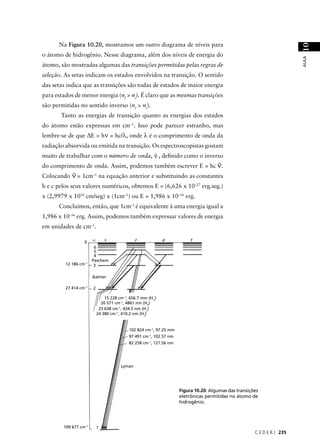 Na Figura 10.20, mostramos um outro diagrama de níveis para




                                                                                                                        10
o átomo de hidrogênio. Nesse diagrama, além dos níveis de energia do




                                                                                                                        AULA
átomo, são mostradas algumas das transições permitidas pelas regras de
seleção. As setas indicam os estados envolvidos na transição. O sentido
das setas indica que as transições são todas de estados de maior energia
para estados de menor energia (nf > ni). É claro que as mesmas transições
são permitidas no sentido inverso (nf > ni).
       Tanto as energias de transição quanto as energias dos estados
do átomo estão expressas em cm–1. Isso pode parecer estranho, mas
lembre-se de que ∆E = hν = hc/λ, onde λ é o comprimento de onda da
radiação absorvida ou emitida na transição. Os espectroscopistas gostam
                                         %
muito de trabalhar com o número de onda, ν , deﬁnido como o inverso
                                                              %
do comprimento de onda. Assim, podemos também escrever E = hc ν.
          %
Colocando ν = 1cm–1 na equação anterior e substituindo as constantes
h e c pelos seus valores numéricos, obtemos E = (6,626 x 10–27 erg.seg.)
x (2,9979 x 1010 cm/seg) x (1cm–1) ou E = 1,986 x 10–16 erg.
      Concluímos, então, que 1cm–1 é equivalente à uma energia igual a
1,986 x 10–16 erg. Assim, podemos também expressar valores de energia
em unidades de cm–1.

                       ∞       s               ρ            d            f
                  0
                        6
                        5
                        4
                       Paschem
         12 186 cm–1    3

                       Balmer

         27 414 cm–1   2

                               15 228 cm–1, 656.7 mm (Hα)
                             20 571 cm–1, 4861 nm (Hβ)
                            23 638 cm–1, 434.5 nm (Hγ)
                           24 380 cm–1, 410.2 nm (Hδ)


                                           102 824 cm–1, 97.25 mm
                                           97 491 cm–1, 102.57 nm
                                           82 258 cm–1, 121.56 nm




                                       Lyman




                                                                    Figura 10.20: Algumas das transições
                                                                    eletrônicas permitidas no átomo de
                                                                    hidrogênio.




        109 677 cm–1       1
                                                                                                      C E D E R J 235
 