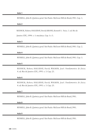 Aula 1

             RUSSELL, John B. Química geral. São Paulo: McGraw-Hill do Brasil, l981. Cap. 1.


             Aula 2


             RESNICK, Robert; HALLIDAY, David; KRANE, Kenneth S. Fisica. 3. ed. Rio de

             Janeiro: LTC, 1994. v. 1: mecânica. Cap. 1 e 3.


             Aula 3

             RUSSELL, John B. Química geral. São Paulo: McGraw-Hill do Brasil, l981. Cap. 2.


             Aula 4

             RUSSELL, John B. Química geral. São Paulo: McGraw-Hill do Brasil, l981. Cap. 3.


             Aula 5

             RESNICK, Robert; HALLIDAY, David; WALKER, Jearl. Fundamentos de física.
             4. ed. Rio de Janeiro: LTC, 1993. v. 3. Cap. 23.


             Aula 6

             RESNICK, Robert; HALLIDAY, David; WALKER, Jearl. Fundamentos de física.
             4. ed. Rio de Janeiro: LTC, 1993. v. 3. Cap. 23.


             Aula 7

             RUSSELL, John B. Química geral. São Paulo: McGraw-Hill do Brasil, l981.


             Aula 8

             RUSSELL, John B. Química geral. São Paulo: McGraw-Hill do Brasil, l981.


             Aula 9

             RUSSELL, John B. Química geral. São Paulo: McGraw-Hill do Brasil, l981.




248 CEDERJ
 