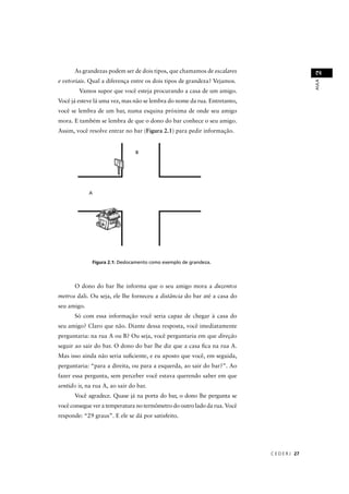 As grandezas podem ser de dois tipos, que chamamos de escalares




                                                                                            2
e vetoriais. Qual a diferença entre os dois tipos de grandeza? Vejamos.




                                                                                            AULA
        Vamos supor que você esteja procurando a casa de um amigo.
Você já esteve lá uma vez, mas não se lembra do nome da rua. Entretanto,
você se lembra de um bar, numa esquina próxima de onde seu amigo
mora. E também se lembra de que o dono do bar conhece o seu amigo.
Assim, você resolve entrar no bar (Figura 2.1) para pedir informação.




              Figura 2.1: Deslocamento como exemplo de grandeza.




      O dono do bar lhe informa que o seu amigo mora a duzentos
metros dali. Ou seja, ele lhe forneceu a distância do bar até a casa do
seu amigo.
      Só com essa informação você seria capaz de chegar à casa do
seu amigo? Claro que não. Diante dessa resposta, você imediatamente
perguntaria: na rua A ou B? Ou seja, você perguntaria em que direção
seguir ao sair do bar. O dono do bar lhe diz que a casa ﬁca na rua A.
Mas isso ainda não seria suﬁciente, e eu aposto que você, em seguida,
perguntaria: “para a direita, ou para a esquerda, ao sair do bar?”. Ao
fazer essa pergunta, sem perceber você estava querendo saber em que
sentido ir, na rua A, ao sair do bar.
      Você agradece. Quase já na porta do bar, o dono lhe pergunta se
você consegue ver a temperatura no termômetro do outro lado da rua. Você
responde: “29 graus”. E ele se dá por satisfeito.




                                                                           C E D E R J 27
 