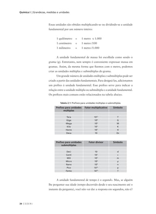 Química I | Grandezas, medidas e unidades



                        Essas unidades são obtidas multiplicando-se ou dividindo-se a unidade
                        fundamental por um número inteiro:


                              1 quilômetro     =     1 metro x 1.000
                              1 centímetro     =     1 metro /100
                              1 milímetro      =     1 metro /1.000


                              A unidade fundamental de massa foi escolhida como sendo o
                        grama (g). Entretanto, nem sempre é conveniente expressar massa em
                        gramas. Assim, da mesma forma que fizemos com o metro, podemos
                        criar as unidades múltiplas e submúltiplas do grama.
                              Um grande número de unidades múltiplas e submúltiplas pode ser
                        criado a partir das unidades fundamentais. Para designá-las, adicionamos
                        um prefixo à unidade fundamental. Esse prefixo serve para indicar a
                        relação entre a unidade múltipla ou submúltipla e a unidade fundamental.
                        Os prefixos mais comuns estão relacionados na tabela abaixo.


                                 Tabela 2.1: Prefixos para unidades múltiplas e submúltiplas.

                              Prefixo para unidades      Fator multiplicativo        Símbolo
                                    múltiplas

                                       Tera                       1012                  T
                                      Giga                        109                   G
                                      Mega                        106                   M
                                       Kilo                       103                   K
                                      Hecto                       102                   H
                                      Deca                         10                   Dc



                              Prefixo para unidades          Fator divisor           Símbolo
                                   submúltiplas

                                       Deci                        10                   d
                                      Centi                       102                   c
                                       Mili                       103                   m
                                      Micro                       106                   µ
                                      Nano                        109                   n
                                       Pico                       1012                  p
                                      Fento                       1015                  f



                              A unidade fundamental de tempo é o segundo. Mas, se alguém
                        lhe perguntar sua idade (tempo decorrido desde o seu nascimento até o
                        instante da pergunta), você não vai dar a resposta em segundos, não é?




34 C E D E R J
 