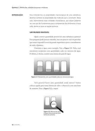 Química I | Moléculas, substâncias puras e misturas



INTRODUÇÃO               Para entendermos as propriedades macroscópicas de uma substância,
                         devemos conhecer as propriedades das moléculas que a constituem. Nesta
                         aula, examinaremos essas entidades microscópicas, que sequer podemos
                         ver, mas que são fundamentais para a compreensão dos fenômenos à nossa
                         volta, dentre os quais as reações químicas.


                         UM MUNDO INVISÍVEL

                                Qual a menor quantidade possível de uma substância química?
                         Essa pergunta pode parecer estranha, mas aos poucos você irá perceber
                         que tentar respondê-la será de grande importância para o entendimento
                         de toda a Química.
                                Usaremos a água como exemplo. Veja a Figura 3.1. Nela, você
                         encontrará recipientes com quantidades cada vez menores de água.
                         O último, à direita, contém uma minúscula gota de água.




                           Figura 3.1: Recipientes com quantidades cada vez menores de água.



                                Será possível haver uma quantidade ainda menor? Vamos
                         colocar aquela gota numa lâmina de vidro e observá-la com uma lente
                         de aumento. Veja a Figura 3.2, a seguir.




                                              Figura 3.2: Minúscula gota
                                              d’água vista através de uma
                                              lente de aumento.




52 C E D E R J
 