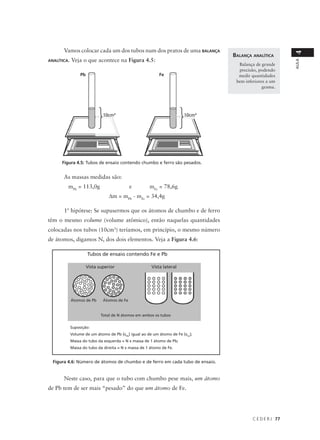 Vamos colocar cada um dos tubos num dos pratos de uma BALANÇA




                                                                                                          4
                                                                                BALANÇA ANALÍTICA
ANALÍTICA.   Veja o que acontece na Figura 4.5:




                                                                                                          AULA
                                                                                  Balança de grande
                                                                                  precisão, podendo
                  Pb                                       Fe                     medir quantidades
                                                                                 bem inferiores a um
                                                                                              grama.




                               10cm3                                    10cm3




      Figura 4.5: Tubos de ensaio contendo chumbo e ferro são pesados.


       As massas medidas são:
         mPb = 113,0g                         e       mFe = 78,6g
                                  ∆m = mPb - mFe = 34,4g

       1ª hipótese: Se supusermos que os átomos de chumbo e de ferro
têm o mesmo volume (volume atômico), então naquelas quantidades
colocadas nos tubos (10cm3) teríamos, em princípio, o mesmo número
de átomos, digamos N, dos dois elementos. Veja a Figura 4.6:

                       Tubos de ensaio contendo Fe e Pb

                       Vista superior                  Vista lateral




             Átomos de Pb      Átomos de Fe


                              Total de N átomos em ambos os tubos


             Suposição:
             Volume de um átomo de Pb (vPb) igual ao de um átomo de Fe (vFe);
             Massa do tubo da esquerda = N x massa de 1 átomo de Pb;
             Massa do tubo da direita = N x massa de 1 átomo de Fe.


  Figura 4.6: Número de átomos de chumbo e de ferro em cada tubo de ensaio.


       Neste caso, para que o tubo com chumbo pese mais, um átomo
de Pb tem de ser mais “pesado” do que um átomo de Fe.




                                                                                         C E D E R J 77
 