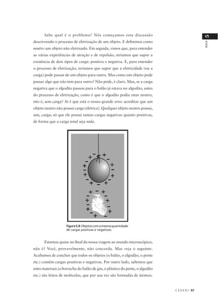 Sabe qual é o problema? Nós começamos esta discussão




                                                                                               5
descrevendo o processo de eletrização de um objeto. E definimos como




                                                                                               AULA
neutro um objeto não eletrizado. Em seguida, vimos que, para entender
as várias experiências de atração e de repulsão, teríamos que supor a
existência de dois tipos de carga: positiva e negativa. E, para entender
o processo de eletrização, teríamos que supor que a eletricidade (ou a
carga) pode passar de um objeto para outro. Mas como um objeto pode
passar algo que não tem para outro? Não pode, é claro. Mas, se a carga
negativa que o algodão passou para o balão já estava no algodão, antes
do processo de eletrização, como é que o algodão podia estar neutro,
isto é, sem carga? Aí é que está o nosso grande erro: acreditar que um
objeto neutro não possui carga (elétrica). Qualquer objeto neutro possui,
sim, carga; só que ele possui tantas cargas negativas quanto positivas,
de forma que a carga total seja nula.




                    Figura 5.8: Objetos com a mesma quantidade
                    de cargas positivas e negativas.


      Estamos quase no final da nossa viagem ao mundo microscópico,
não é? Você, provavelmente, não concorda. Mas veja o seguinte.
Acabamos de concluir que todos os objetos (o balão, o algodão, o pente
etc.) contêm cargas positivas e negativas. Por outro lado, sabemos que
estes materiais (a borracha do balão de gás, o plástico do pente, o algodão
etc.) são feitos de moléculas, que por sua vez são formadas de átomos.


                                                                              C E D E R J 97
 