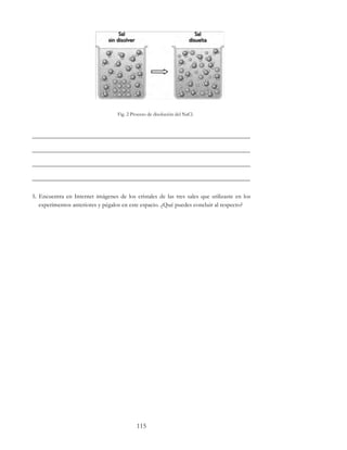 115
Fig. 2 Proceso de disolución del NaCl.
______________________________________________________________________
______________________________________________________________________
______________________________________________________________________
______________________________________________________________________
5. Encuentra en Internet imágenes de los cristales de las tres sales que utilizaste en los
experimentos anteriores y pégalos en este espacio. ¿Qué puedes concluir al respecto?
 