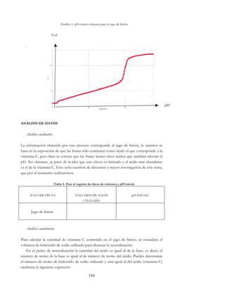 184
Gráfica 1. pH contra volumen para el jugo de limón.
Vol.
.
ANÁLISIS DE DATOS
Análisis cualitativo
La información obtenida por este proceso corresponde al jugo de limón, lo anterior se
basa en la suposición de que las frutas sólo contienen como ácido el que corresponde a la
vitamina C, pero bien se conoce que las frutas tienen otros ácidos que también afectan el
pH. No obstante, se parte de la idea que este efecto es limitado y el ácido más abundante
es el de la vitamina C. Esto sería cuestión de discusión y mayor investigación de este tema,
que por el momento realizaremos.
Tabla 2. Para el registro de datos de volumen y pH inicial.
JUGO DE FRUTA VOLUMEN DE NAOH
UTLIZADO
pH INICIAL
Jugo de limón
Análisis cuantitativo
Para calcular la cantidad de vitamina C contenida en el jugo de limón, se considera el
volumen de hidróxido de sodio utilizado para alcanzar la neutralización.
En el punto de neutralización la cantidad del ácido es igual al de la base, es decir, el
número de moles de la base es igual al de número de moles del ácido. Puedes determinar
el número de moles de hidróxido de sodio utilizado y será igual al del ácido (vitamina C)
mediante la siguiente expresión:
pH
 