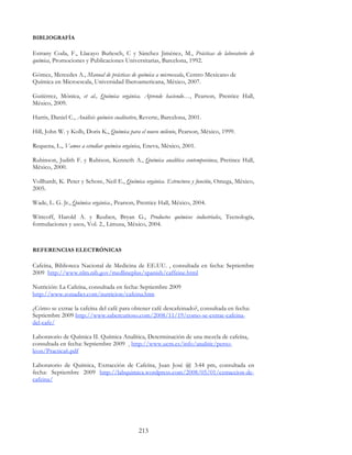213
BIBLIOGRAFÍA
Estrany Coda, F., Llacayo Buñesch, C y Sánchez Jiménez, M., Prácticas de laboratorio de
química, Promociones y Publicaciones Universitarias, Barcelona, 1992.
Gómez, Mercedes A., Manual de prácticas de química a microescala, Centro Mexicano de
Química en Microescala, Universidad Iberoamericana, México, 2007.
Gutiérrez, Mónica, et al., Química orgánica. Aprende haciendo…, Pearson, Prentice Hall,
México, 2009.
Harris, Daniel C., Análisis químico cualitativo, Reverte, Barcelona, 2001.
Hill, John W. y Kolb, Doris K., Química para el nuevo milenio, Pearson, México, 1999.
Requena, L., Vamos a estudiar química orgánica, Eneva, México, 2001.
Rubinson, Judith F. y Rubison, Kenneth A., Química analítica contemporánea, Pretince Hall,
México, 2000.
Vollhardt, K. Peter y Schore, Neil E., Química orgánica. Estructura y función, Omega, México,
2005.
Wade, L. G. Jr., Química orgánica., Pearson, Prentice Hall, México, 2004.
Wittcoff, Harold A. y Reuben, Bryan G., Productos químicos industriales, Tecnología,
formulaciones y usos, Vol. 2., Limusa, México, 2004.
REFERENCIAS ELECTRÓNICAS
Cafeína, Biblioteca Nacional de Medicina de EE.UU. , consultada en fecha: Septiembre
2009 http://www.nlm.nih.gov/medlineplus/spanish/caffeine.html
Nutrición: La Cafeína, consultada en fecha: Septiembre 2009
http://www.zonadiet.com/nutricion/cafeina.htm
¿Cómo se extrae la cafeína del café para obtener café descafeinado?, consultada en fecha:
Septiembre 2009 http://www.sabercurioso.com/2008/11/19/como-se-extrae-cafeina-
del-cafe/
Laboratorio de Química II. Química Analítica, Determinación de una mezcla de cafeína,
consultada en fecha: Septiembre 2009 http://www.ucm.es/info/analitic/perso-
leon/Practica6.pdf
Laboratorio de Química, Extracción de Cafeína, Juan José @ 3:44 pm, consultada en
fecha: Septiembre 2009 http://labquimica.wordpress.com/2008/05/01/extraccion-de-
cafeina/
 