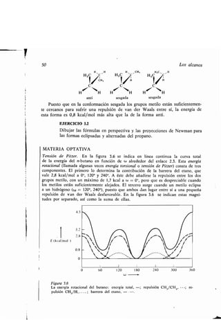 1
1
50 Los alcanos
H, H
H 3C
CH, H,C_ ' H
H3C 3C H3C
I/CH,
~/.'
I~
H0-11
`H
H0,11
`H
H00,~
`H
anti sesgada sesgada
Puesto que en la conformación sesgada los grupos metilo están suficientemen-
te cercanos para sufrir una repulsión de van der Waals entre sí, la energía de
esta forma es 0,8 kcal/mol más alta que la de la forma anti .
EJERCICIO 3 .2
Dibujar las fórmulas en perspectiva y las proyecciones de Newman para
las formas eclipsadas y alternadas del propano .
MATERIA OPTATIVA
Tensión de Pitzer. En la figura 3 .6 se indica en línea continua la curva total
de la energía del n-butano en función de w alrededor del enlace 2 .3. Esta energía
rotacional (llamada algunas veces energía torsional o tensión de Pitzer) consta de tres
componentes . El primero lo determina la contribución de la barrera del etano, que
vale 2,8 kcal/mol a 0°, 120° y 240° . A éste debe añadirse la repulsión entre los dos
grupos metilo, con un máximo de 1,7 kcal a w = 0°, pero que es despreciable cuando
los metilos están suficientemente alejados. El tercero surge cuando un metilo eclipsa
a un hidrógeno (w = 120°, 240°), puesto que ambos dan lugar entre sí a una pequeña
repulsión de van der Waals desfavorable . En la figura 3.6 se indican estas magni-
tudes por separado, así como la suma de ellas .
Figura 3.6
La energía rotacional del butano : energía total, -; repulsión CH 3 /CH3, --- ; re-
pulsión CH 3/H, . . . . ; barrera del etano, - -.
 