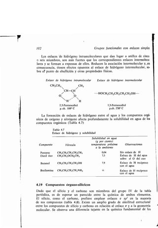 102 Grupos funcionales con enlaces simples
Los enlaces 'de hidrógeno intramoleculares que dan lugar a anillos de cinco
o seis miembros, son más fuertes que los correspondientes enlaces intermolecu-
lares y se forman a expensas de ellos . Reducen la asociación intermolecular y, en
consecuencia, tienen efectos opuestos al enlace de hidrógeno intermolecular, so-
bre eT punto de ebullición y otras propiedades físicas .
La formación de enlaces de hidrógeno entre el agua y los compuestos orgá-
nicos de oxígeno y nitrógeno afecta profundamente la solubilidad en agua de los
compuestos orgánicos (Tabla 4 .7)
Observaciones
Sin enlace de H
Enlace de H del agua
sobre el O del eter
Enlace de H recíproco
con el agua
Enlace de H recíproco
con el agua
4.19 Compuestos órgano-silícicos
Dado que el silicio y el carbono son miembros del grupo IV de la tabla
periódica, es de esperar un parecido entre la química de ambos elementos .
El silicio, como el carbono, prefiere emplear enlaces o - sp3 en la mayoría
de sus compuestos (tabla 4 .8). Existe un amplio grado de similitud estructural
entre los compuestos de silicio y carbono en relación al enlace v y a la geometría
molecular. Se observa una diferencia tajante en la química fundamental de los
Tabla 4.7
Enlace de hidrógeno y solubilidad
Compuesto Fórmula
Solubilidad en agua
(g por ciento)
temperatura próxima
a la ambiente
Pentano CH3CH2CH2CH2CH, 0,04
Dietil éter CH3CH2OCH~CH 3 7,5
Butanol CH3CH2CH2CH2OH 7,9
Butilamina CH3CH2CH2CH2NH2 00
Enlace de hidrógeno intramolecular Enlace de hidrógeno intermolecular
CH3CH2

/ CH 3
CH-CH
/ 
O O
---HOCH2CH2 CH2CH2CH2OH---
H' H
1,5-Pentanodiol
p.eb. 238° C
2,3-Pentanodiol
p. eb. 188° C
 