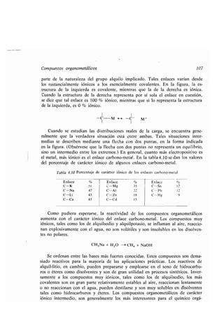Compuestos organometálicos 107
parte de la naturaleza del grupo alquilo implicado . Tales enlaces varían desde
los sustancialmente iónicos a los esencialmente covalentes . En la figura, la es-
tructura de la izquierda es covalente, mientras que la de la derecha es iónica .
Cuando la estructura de la derecha representa por sí sola el enlace en cuestión,
se dice que tal enlace es 100 % iónico, mientras que si lo representa la estructura
de la izquierda, es 0 % fónico .
1 1
-C-M • -C M +
Cuando se estudian las distribuciones reales de la carga, se encuentra gene-
ralmente que la verdadera situación está entre ambas . Tales situaciones inter-
medias se describen mediante una flecha con dos puntas, en la forma indicada
en la figura. (Obsérvese que la flecha con dos puntas no representa un equilibrio,
sino un intermedio entre los extremos .) En general, cuanto más electropositivo es
el metal, más iónico es el enlace carbono-metal . En la tabla 4 .10 se dan los valores
del porcentaje de carácter iónico de algunos enlaces carbono-metal.
Tabla 4.10 Porcentaje de carácter fónico de los enlaces carbono-metal
12
12
9
Como pudiera esperarse, la reactividad de los compuestos organometálicos
aumenta con el carácter iónico del enlace carbono-metal. Los compuestos muy
iónicos, tales como los de alquilsodio y alquilpotasio, se inflaman al aire, reaccio-
nan explosivamente_ con el agua, no son volátiles y son insolubles en los disolven-
tes no polares.
CH3Na + H 20 -* CH4 + NaOH
Se ordenan entre las bases más fuertes conocidas . Estos compuestos son dema-
siado reactivos para la mayoría de las aplicaciones prácticas. Los reactivos de
alquil-litio, en cambio, pueden prepararse y emplearse en el seno de hidrocarbu-
ros o éteres como disolventes y son de gran utilidad en procesos sintéticos . Inver-
samente a los compuestos muy iónicos, tales como los de alquilsodio, los más
covalentes son en gran parte relativamente estables al aire, reaccionan lentamente
o no reaccionan con el agua, pueden destilarse y son muy solubles en disolventes
tales como hidrocarburos y éteres . Los compuestos organometálicos de carácter
iónico intermedio, son generalmente los más interesantes para el químico orgá-
Enlace
C-K
C-Na
C-Li
C-Ca
M
47
43
43
Enlace
C-Mg
C-A I
C-Zn
C-Cd
35
22
18
1 _5
Enlace
C-Sn
C-Pb
C-Hg
 