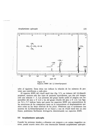 Acoplamiento spin-spin
8,0 7,0 6,0 5,0 4,0
ppm (S)
3,0 2,0
Figura 5.6
Espectro RMN del 2,2 dimetilpropanol.
125
1,0 0
salto al siguiente. Estas áreas nos indican la relación de los números de pro-
tones que contribuyen a cada pico .
El espectro RMN del t-butil metil éter (fig . 5 .7), un isómero del 2,2-dimetil-
propanol, muestra sólo dos tipos de protones equivalentes, que dan por integra-
ción una relación 1 : 3 . Los protones del grupo metilo unido al oxígeno son res-
ponsables del pico a S 3,12 y los del grupo t-butilo del pico a S 1,12. Las figu-
ras 5 .6 y 5 .7 indican hasta qué punto los espectros RMN son característicos de
las estructuras de los compuestos tanto en lo concerniente al desplazamiento quí-
mico como en las áreas relativas de los picos . Obsérvese que si tuviésemos una
muestra de 2,2-dimetilpropanol en un frasco y una de t-butil metil éter en otro
frasco, podríamos fácilmente distinguirla determinando sus espectros RMN .
5 .5 Acoplamiento spin-spin
Cuando los protones tienden a alinearse con respecto a un campo magnético ex-
terno, puede ocurrir entre ellos una interacción llamada acoplamiento spin-spin .
.00 700 700 100
CH,
t0 0.
CH3-C-CH2-O-H -CH3
1
CH3
-CH2 -
-OH
TMS
 