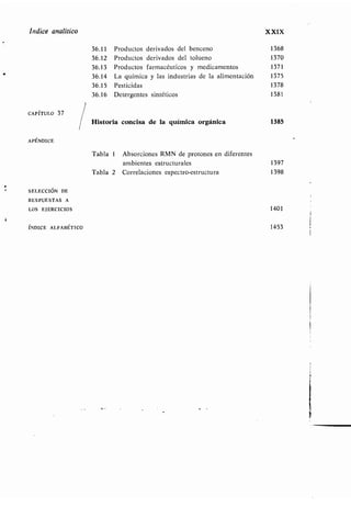 w
Indice analítico XXIX
36.11 Productos derivados del benceno 1368
36.12 Productos derivados del tolueno 1370
36 .13 Productos farmacéuticos y medicamentos 1371
36.14 La química y las industrias de la alimentación 1375
36.15 Pesticidas 1378
36.16 Detergentes sintéticos 1381
CAPÍTULO 37
Historia concisa de la química orgánica 1385
APÉNDICE
Tabla 1 Absorciones RMN de protones en diferentes
ambientes estructurales 1397
Tabla 2 Correlaciones espectro-estructura 1398
SELECCIÓN DE
RESPUESTAS A
LOS EJERCICIOS 1401
ÍNDICE ALFABÉTICO 1453
 