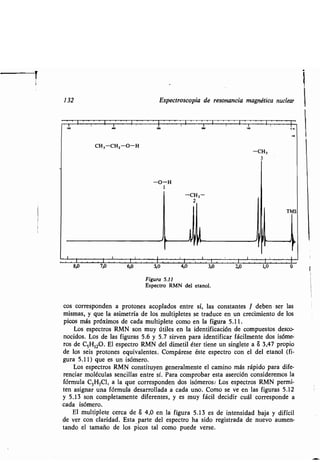 132 E pec o copia de e onancia magné ica n clea
w ~ ~ ~ ~ ~~ ¡ ~
6,0 51 4,0
Fig a 5.11
E pec o RMN del e anol.
3,0 2,0 1,0
co co e ponden a p o one acoplado en e í, la con an e 1 deben e la
mi ma , e la a ime ía de lo m l iple e e ad ce en n c ecimien o de lo
pico má p ó imo de cada m l iple e como en la fig a 5.11 .
Lo e pec o RMN on m ú ile en la iden ificación de comp e o de co-
nocido . Lo de la fig a 5.6 5.7 i en pa a iden ifica fácilmen e do i óme-
o de CSH120 . El e pec o RMN del dime il é e iene n ingle e a S 3,47 p opio
de lo ei p o one e i alen e . Compá e e é e e pec o con el del e anol (fi-
g a 5 .11) e e n i óme o.
Lo e pec o RMN con i en gene almen e el camino má ápido pa a dife-
encia moléc la encilla en e í. Pa a comp oba e a a e ción con ide emo la
fó m la C3H7C1, a la e co e ponden do i óme o : Lo e pec o RMN pe mi-
en a igna na fó m la de a ollada a cada no. Como e e en la fig a 5.12
5 .13 on comple amen e dife en e , e m fácil decidi c ál co e ponde a
cada i óme o.
El m l iple e ce ca de S 4,0 en la fig a 5 .13 e de in en idad baja difícil
de e con cla idad . E a pa e del e pec o ha ido egi ada de n e o a men-
ando el amaño de lo pico al como p ede e e .
 