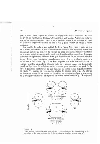 190
0
e eeOrbital - antienlazante
(mayor energía)
1„*=J, - V,z
Orbital 7C enlazante
(menor energía)
~,=~r+tl'z
Alquenos y alquinos
gún el caso. Estos signos no tienen un significado físico inmediato . El valor
de ~' en un punto da la densidad electrónica en este punto . Nótese sin embargo,
que ~2 es siempre positivo, tanto si ~ es positivo como si es negativo . El signo
de ~ resulta importante cuando se une a otra ~ para formar un enlace u orbital
molecular.
La función de onda de este orbital 2p de la figura 7 .3a, tiene el valor de cero
en el átomo de carbono . A esto se le denomina un nodo. Los nodos son puntos que
marcan un cambio de signo de la función de onda (en realidad cuando hablamos
de orbitales atómicos tratamos de funciones de onda tridimensionales y los nodos
consisten en superficies nodales) . Para que dos orbitales 2p z se recubran efectiva-
mente, deben estar orientados paralelamente entre sí y perpendicularmente a la
estructura o- del enlace (fig. 7 .3 b). Esto requiere que toda estructura a sea co-
planar y que los seis núcleos atómicos estén en el mismo plano . Los dos orbitales
paralelos 2p, están lo suficientemente cercanos para recubrirse en posición la-
teral y podemos combinarlos de dos maneras tal como indica esquemáticamente
la figura 7 .4. Cuando se recubren los lóbulos del mismo signo (fig . 7 .4, inferior)
se forma un enlace . Si los signos no coinciden (o, en otras palabras, si sustraemos
las ' en lugar de sumarlas) se engendra un orbital antienlazante (fig . 7 .4, superior) .
Figura 7.4
Doble enlace carbono-carbono del etileno. El recubrimiento de los orbitales p da
un enlace -- La otra combinación de los orbitales p conduce a un orbital -* .
 