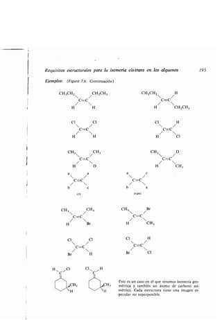 Requisitos estructurales para la isomería cis-trans en los alquenos
Ejemplos: (Figura 7.6 Continuación)
CH3CHz  / CHZCH3
C=C
/ 
H H
Cl Cl
• /
C=C
• 
H H
CH3 /CH3
C=C
• 
H D
CH3 /CH3
C=C

H
/
Br
cis
CI Cl
• /
C=C
• 
Br H
trans
CH3 /Br
C=C
/ 
H CH 3
Cl
/ H
C=C
/ 
Br Cl
Éste es un caso en el que tenemos isomería geo-
métrica y también un átomo de carbono asi-
métrico. Cada estructura tiene una imagen es-
pecular no superponible .
CH3CHz H
 /
/C=C
H CH ZCH 3
Cl H
• /
C=C
• 
H Cl
CH3 D
• /
C=C
• 
H CH,
195
 