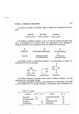 Amidas y compuestos relacionados
Las amidas se dividen en subclases, según el número de sustituyentes del nitró-
geno.
RCONH2 RCONHR'
Amida primaria Amida secundaria
Las amidas se nombran quitando el -ico o el -oico del nombre del ácido origi-
nal y sustituyéndolo por el sufijo -amida. Los sustituyentes en el nitrógeno se
designan poniendo una N mayúscula antes del nombre del sustituyente .
Las amidas cíclicas se denominan lactamas ;
rectamente de la de las lactonas .
/C2
CH2 C=O
1 1 NH
CH2 -NH	 /
y-Butirolactama s-Caprolactama
Las imidas contienen dos grupos acilo unidos al ñ ismo nitrógeno. Las más
importantes son las imidas cíclicas .
Las amidas primarias son sólidas, con excepción de la formamida, que funde
a 2,5'C (tabla 8 .4). Las amidas primarias y secundarias están fuertemente aso-
Tabla 8.4 Amidas
RCONRz
Amida terciaria
275
su nomenclatura se deduce di-
O
II
H2C' C
1 NH
H2 C-C
II
O
Succinimida
Nombre p.eb. °C p.f. °C Nombre p.f. °C
Formamida 210 N-Ciclohexilacetamida 104
Dimetilformamida 153 Urea 132
Acetamida 82 Carbamato de etilo 49
Propionamida 79 Succinimida 125
O O O
II 11 II
CH3CNH2 CH3CH2CH2CH2CNHCH3 CH3CHCN(CH3)2
1
Cl
Acetamida N-Metilpentanamida N,N-Dimetil-2-
(N-Metilvaleramida) cloropropanamida
 