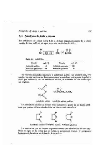 Anhídridos de ácido y cetenas 281
8.16 Anhídridos de ácido y cetenas
Los anhídridos de ácidos (tabla 8 .6) se derivan esquemáticamente de la elimi-
nación de una molécula de agua entre dos moléculas de ácido .
0 0 0 0
II r	1 II -H,o II II
RC-t-OH + H-i-OCR --' RCOCR
L	J
Tabla 8.6 Anhídridos.
Nombre p.eb. OC Nombre p.f .OC
Anhídrido acético 140 Anhídrido succínico 120
Anhídrido propiónico 168 Anhídrido glutárico 56
Se conocen anhídridos simétricos y anhídridos mixtos : los primeros son, con
mucho, los más importantes . Estos compuestos se nombran sustituyendo la palabra
ácido por anhídrido; en los anhídridos mixtos, se nombran los dos ácidos que
los originan.
O
CH3C~ 0 0I
O CH 3000CH2CH2CH3
CH3C
O
Anhídrido acético Anhídrido acético butírico
Los anhídridos cíclicos se forman muy fácilmente a partir de los ácidos dibá-
sicos que pueden ciclarse dando ciclos de cinco o seis miembros .
Q
!~
0
~o
~
0
	 !~
0
~0 ~o
Anhídrido succínico Anhídrido maleico Anhídrido glutárico
Las sustancias que se forman esquemáticamente por eliminación de una mo-
lécula de agua en la forma que se indica, se denominan cetenas. El compuesto
fundamental, la cetena, se deriva del ácido acético .
 