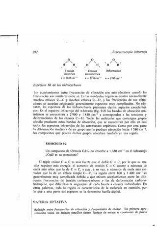 292 Espectroscopia infrarroja
/
O
 /
O
 ~, / O s
H H H H H H
f ti r
Tensión Tensión Deformación
simétrica antisimétrica
n = 3655 cm - ' n = 3756 cm - ' n = 1595 cm- '
Espectros IR de los hidrocarburos
Los acoplamientos entre frecuencias de vibración son más efectivos cuando las
frecuencias son similares entre sí . En las moléculas orgánicas existen normalmente
muchos enlaces C-C y muchos enlaces C-H, y las frecuencias de sus vibra-
ciones se acoplan originando generalmente espectros muy complicados . No obs-
tante, los espectros de los hidrocarburos presentan ciertos aspectos característi-
cos. En el espectro infrarrojo del n-hexano (fig . 9.2) las bandas de absorción más
intensas se encuentran a 2 900 y 1 450 cm -1 y corresponden a las tensiones y
deformaciones de los enlaces C-H . Todas las moléculas que contengan grupos
alquilo producen estas bandas de absorción, que se encuentran por ello en casi
todos los espectros infrarrojos de los compuestos orgánicos . Como por otra parte
la deformación simétrica de un grupo metilo produce absorción hacia 1 380 cm
-1,
los compuestos que poseen dichos grupos absorben también en esa región .
EJERCICIO 9 .2
Un compuesto de fórmula C SH,o no absorbe a 1 380 cm -' en el infrarrojo .
¿Cuál es su estructura?
El triple enlace C =- C es más fuerte que el doble C = C, por lo que su ten-
sión requiere más energía ; el aumento de tensión C =- C ocurre a números de
onda más altos que la de C = C, y éste, a su vez, a números de onda más ele-
vados que la de un enlace simple C-C . La región entre 800 y 1 400 cm -1 es
generalmente muy complicada debido a que existen acoplamientos entre las dife-
rentes frecuencias de tensión carbono-carbono y las de deformación carbono-
hidrógeno, que dificultan la asignación de cada banda a enlaces individuales. En
otras palabras, toda la región es característica de la molécula en cuestión, por
lo que a esta parte del espectro se la denomina huella digital .
MATERIA OPTATIVA
Relación entre Frecuencias de vibración y Propiedades de enlace . En primera apro-
ximación todos los enlaces sencillos tienen fuerzas de enlace o constantes de fuerza
 