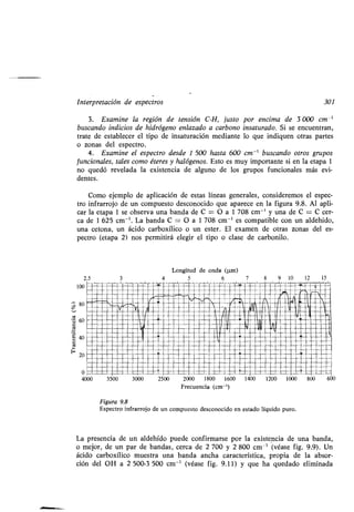 Interpretación de espectros 301
3. Examine la región de tensión C-H, justo por encima de 3 000 cm -'
buscando indicios de hidrógeno enlazado a carbono insaturado. Si se encuentran,
trate de establecer el tipo de insaturación mediante lo que indiquen otras partes
o zonas del espectro .
4. Examine el espectro desde 1 500 hasta 600 cm -' buscando otros grupos
funcionales, tales como éteres y halógenos. Esto es muy importante si en la etapa 1
no quedó revelada la existencia de alguno de los grupos funcionales más evi-
dentes.
Como ejemplo de aplicación de estas líneas generales, consideremos el espec-
tro infrarrojo de un compuesto desconocido que aparece en la figura 9 .8. Al apli-
car la etapa 1 se observa una banda de C = O a 1 708 cm -' y una de C = C cer-
ca de 1 625 cm-' . La banda C = O a 1 708 cm -' es compatible con un aldehído,
una cetona, un ácido carboxílico o un ester . El examen de otras zonas del es-
pectro (etapa 2) nos permitirá elegir el tipo o clase de carbonilo .
2.5
100
80
a
60
1
40
aa
F 20
0
4000 3500
3
Longitud de onda (µm)
4 5 6 7
-____1 rEa , iE a~iiero~i∎~~w i~ i m~. .I∎rn=l∎g I=UI∎n i!. 1
∎ ~~ . ,. .i∎.i u∎ ∎ '∎.u .1
∎ i1 _	 ~.∎T=i~.∎ ∎.. ~.l=.I~~u∎ .
∎-i,1	IIIII!IMJIIrAI •MEE
∎~a	/Ir/∎∎rW=mal/ ∎ ∎u :r_
3000 2500
9 10 12
2000 1800 1600 1400 1200 1000 800
Frecuencia (cm-')
Figura 9.8
Espectro infrarrojo de un compuesto desconocido en estado líquido puro .
La presencia de un aldehído puede confirmarse por la existencia de una banda,
o mejor, de un par de bandas, cerca de 2 700 y 2 800 cm- ' (véase fig. 9 .9). Un
ácido carboxílico muestra una banda ancha característica, propia de la absor-
ción del OH a 2 500-3 500 cm-' (véase fig. 9.11) y que ha quedado eliminada
15
600
 